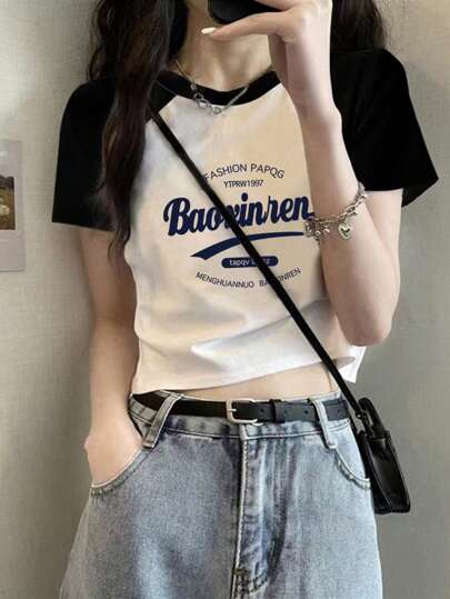 女式短款拼接拼色修身短袖 T 恤，春夏