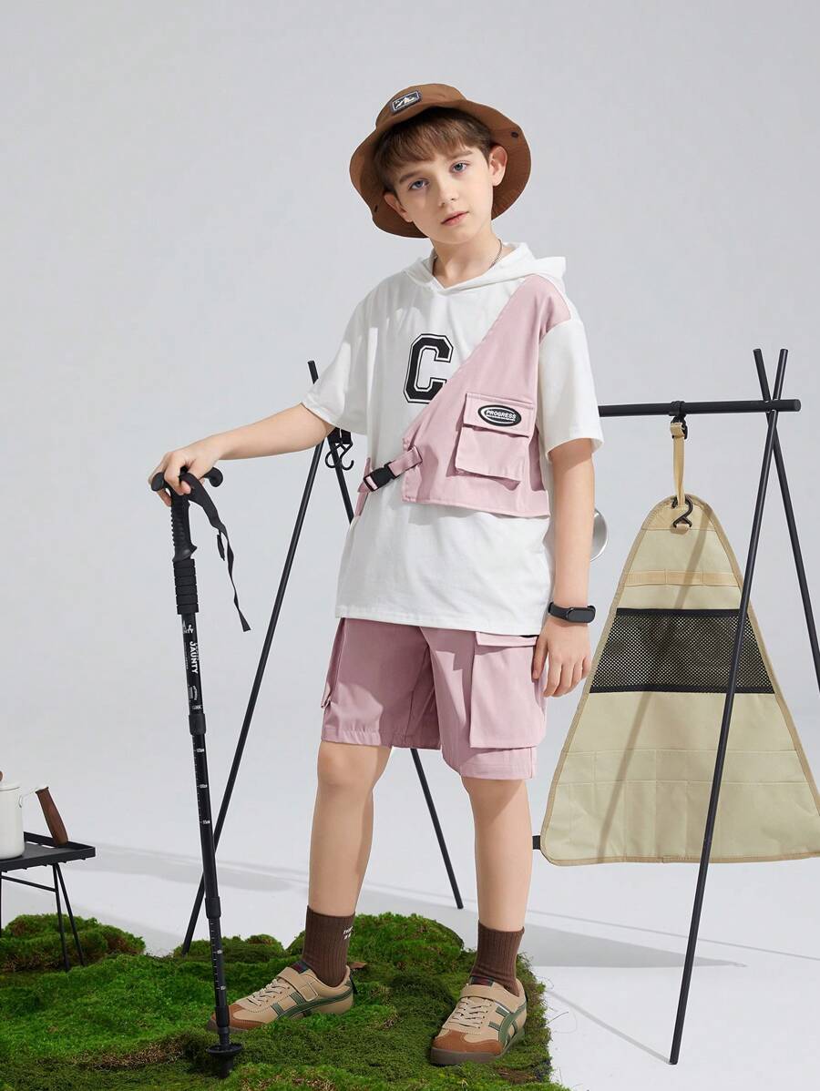 SHEIN Tween Boy Loose Fit Casual Hooded 2 In 1 T-Shirt And Shorts Set - Pink - View 1