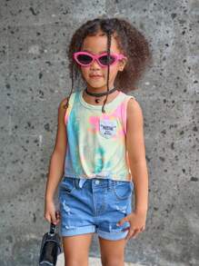 Girls' Tie-Dye Vest And Blue Denim Shorts Set, 2pcs