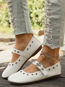 女士平底乐福鞋软底休闲妈妈鞋金属扣圆头透气步行鞋 - 米色 - 查看 2