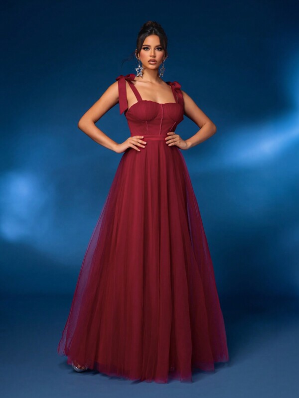 SHEIN Belle Burgundy Red Cup Detail Ruched Bodice And Braided Straps Bridesmaid Dress