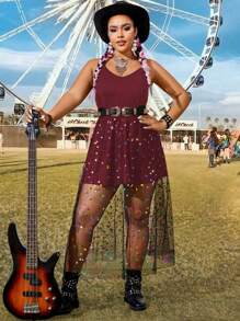 Flirla Vestido camiseros con sobrecapa de malla para mujeres de tallas grandes