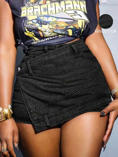 Y2K Streetwear Vintage Elastic Layered Waist Asymmetric Hem Bodycon Denim Skort, Back To School Punk Denim Shorts