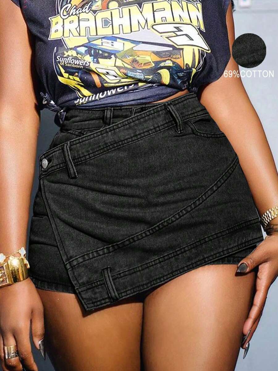 Y2K Street New Vintage Stretchy Overlap Waist Wrap Asymmetrical Hem Skinny Denim Skorts Back To School Grunge Punk Jeans Shorts - màu đen - Xem 1