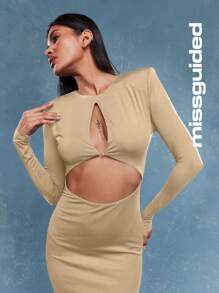 MISSGUIDED 镂空后背开衩长袖超长连衣裙 - 卡其色 - 查看 3