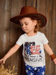 SHEIN Stylish Baby Girl Summer Daily Casual Short Sleeve Star Print Flared Pants Set