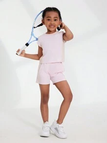 SHEIN 2pcs/Set Girls Casual Loose Round Neck T-Shirt And Pocket Shorts, Sports Outfit, Moisture Wicking, Suitable For Spring And Summer