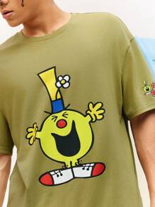 Mr Men Little Miss X SHEIN 1pc Casual Loose Knit Cartoon Character Printed Short Sleeve T-Shirt - Green - View 3