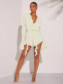 L'Amorae Ruffle Draped Flounce Sleeve Romper - White - View 5