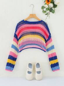 Travachic KIDS Tween Girl Loose Elegant Cropped Rainbow Striped Crewneck Pullover Sweater With Long Sleeves