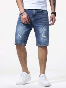 Manfinity Homme Shorts mezclilla de bermuda bajo enrollado rotos - Azul lavado medio - Ver 4