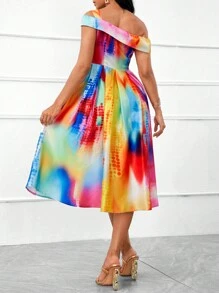 SHEIN Lady Casual Women Dresses Women's Oblique-Shoulder Colorful Tie-Dye Printed Countryside Music Festival Dress