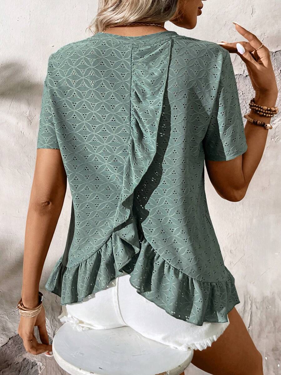 SHEIN LUNE Camiseta de verano para mujeres con dobladillo de volantes y textura unicolor de color