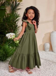 SHEIN SLAYR KIDS Young Girl Chetekola Music Festival Woven Solid Color Square Neck Sleeveless Long Dress,Summer Dress Holiday Outfits - Army Green - View 5