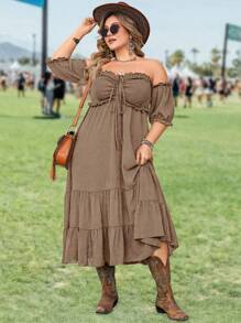 SHEIN Clasi Robe à ourlet à volants avec cordon de serrage et épaules dénudées Plus - Kaki - Voir 1