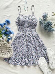 Soleia Vestido corto de verano para mujeres con tirantes de espagueti sin espalda cruzados con estampado floral pequeño para vacaciones