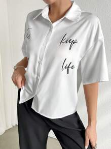 Mulvari Áo Sơ Mi Nữ In Nút Đơn Giản - trắng - Xem 3