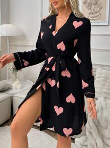 Bata con estampado de corazones para mujer, con cinturón, detalles cálidos y elegantes, para otoño e invierno