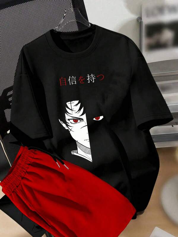 Manfinity Joysei Men's Summer Anime Character Printed Round Neck Short Sleeve Casual T-Shirt And Drawstring Waist Shorts Set, Friends, Urban,