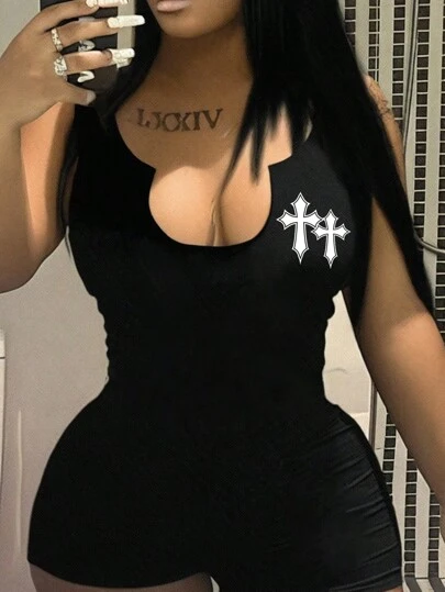 Slaydiva Sexy Casual Minimalist Cross Print Sleeveless Deep U Neck Cut-Out Jumpsuit For Women, Suitable For Summer Suitable For Going Out Women's Sportswear