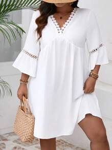 SHEIN VCAY Plus Size Women Casual Bohemian Style Bell Sleeve Dress,Beach Dress Sundress,Holiday Outfits Boho - White - View 3