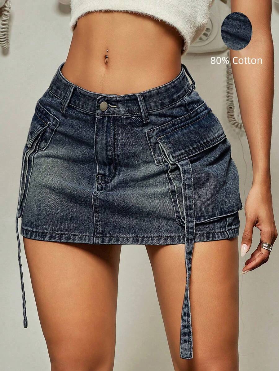 Minifalda vaquera con detalle de bolsillo con solapa, estilo callejero Y2K de los 90, verano ardiente - Azul lavado oscuro - Ver 1