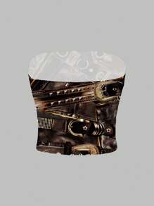SHEIN EZwear Casual nauwsluitende strapless top met volledige print in Y2K-stijl, geschikt voor de zomer