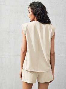 BizChic 女士夏季休闲纯色宽肩带开衩衬衫和短裤套装