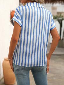 SHEIN LUNE Women's Color-Block Blue & White Striped Short-Sleeved Button-Down Shirt - Blue and White - View 2