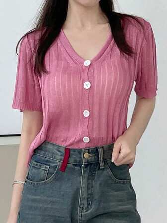 素色前紐扣短款開衫