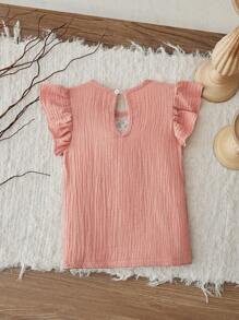 SHEIN Vintaside Kids Trẻ Cô gái Mùa hè Thêu hoa Áo sơ mi Với Textured Chất vải , Tròn Đường viền cổ áo Và Tay áo ngắn - Hồng - Xem 2