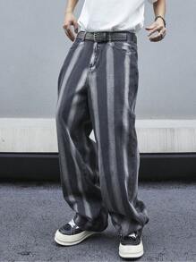 Manfinity Roghcode Jean droit décontracté pour homme à rayures et silhouette ample avec poches