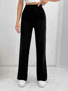 SHEIN PETITE Pantalon confortable noir à grande élasticité et évasé
