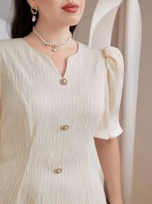 Modelyn Plus Size Women's Summer Solid Color Notch V-Neck Short Puff Sleeve Button Decor Elegant Arabic Clothing