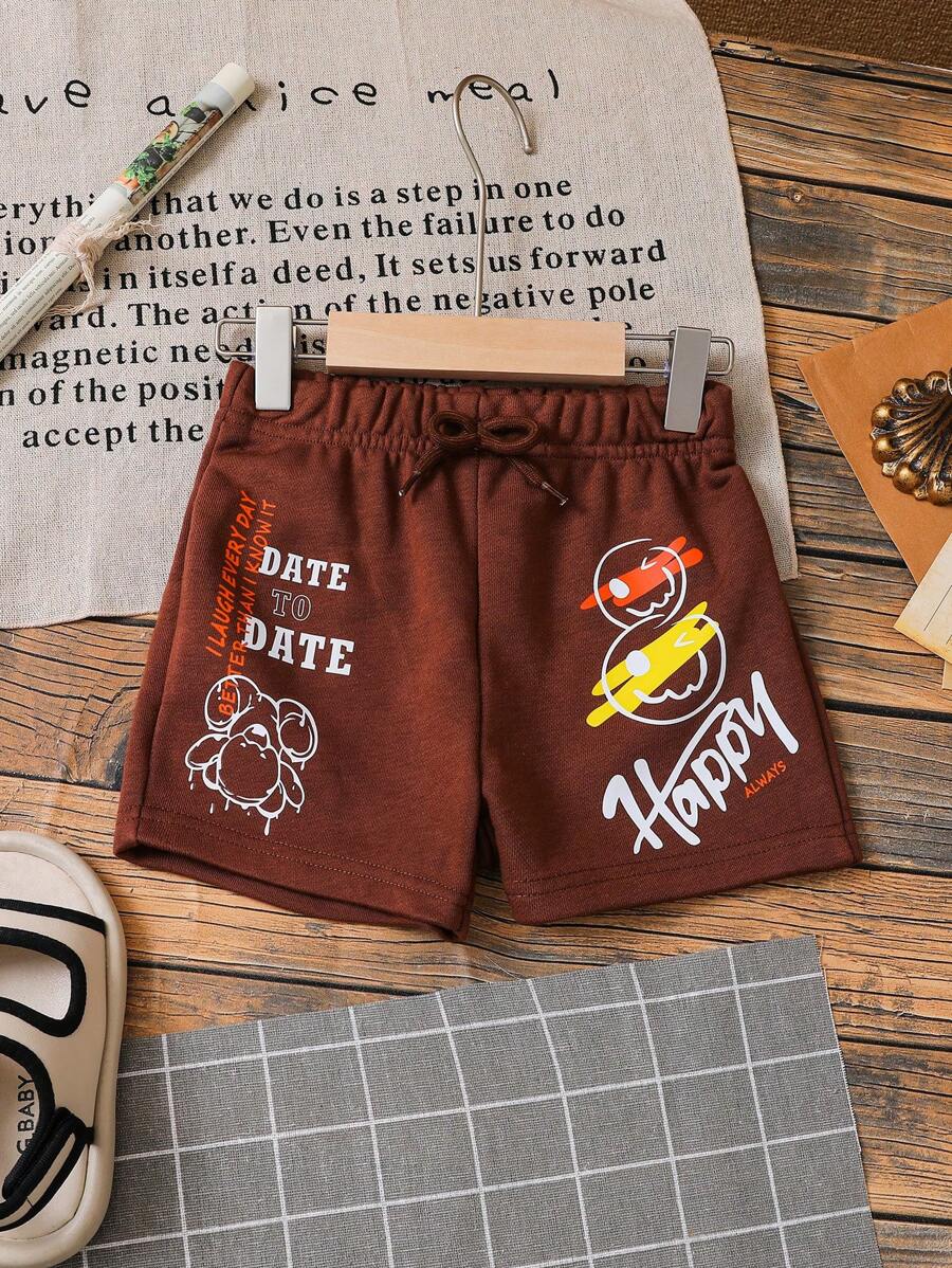 SHEIN 女孩們可愛微笑臉字母印花熊彈性腰休閒短褲，適用於日常穿著和度假，夏季