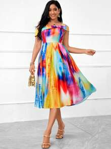 SHEIN Lady Casual Women Dresses Women's Oblique-Shoulder Colorful Tie-Dye Printed Countryside Music Festival Dress