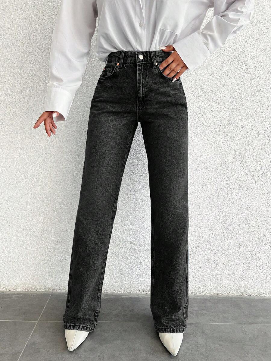 Ladies' Solid Color Straight-Leg Jeans With Slant Pockets - Black - View 1