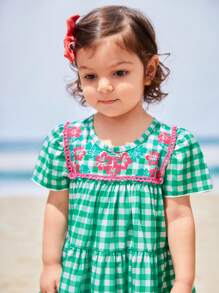 SHEIN Baby Girl Holiday Casual Plaid & Floral Printed Patchwork Dress - Green - View 4