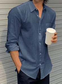 DAZY Áo sơ mi nam dài tay màu trơn mùa hè có túi cho đi làm hàng ngày và đi chơi bình thường - Màu xanh hải quân - Xem 3