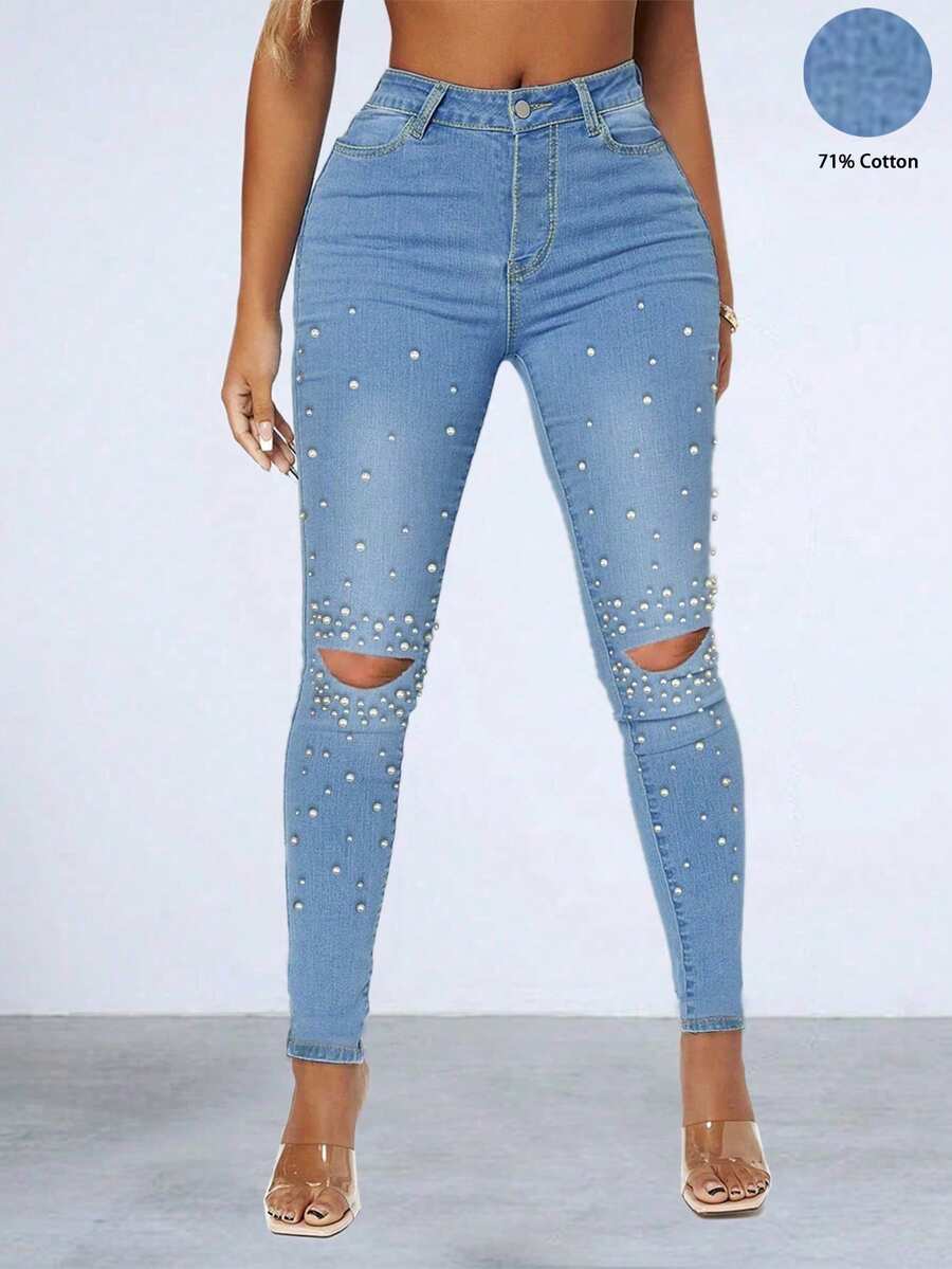 Pantalones vaqueros elásticos y ajustados para mujer con perlas decorativas rasgadas y tobillo elástico - Azul lavado medio - Ver 1