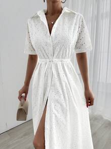 SHEIN Cottnline Embroidery Short Sleeve Dress With Belt - White - View 3