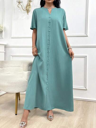 Al Najma 女款夏季休閒素色中袖開衫側開叉連衣裙