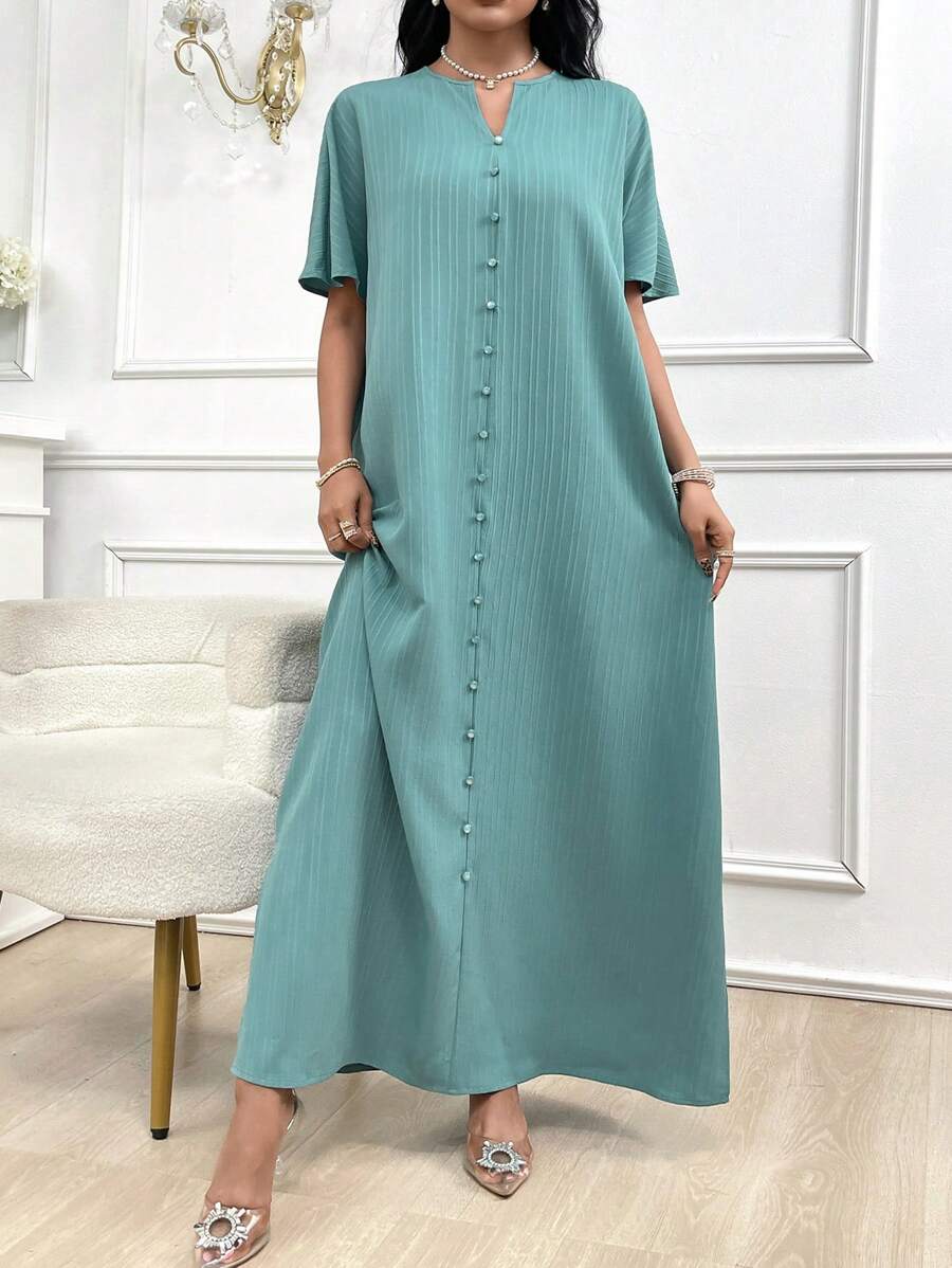 Al Najma 女款夏季休閒素色中袖開衫側開叉連衣裙 - 綠色 - 查看 1