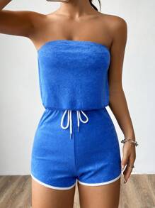 SHEIN Unity Sexy Solid Color Strapless Jumpsuit, Sleeveless, Summer - Blue - View 1
