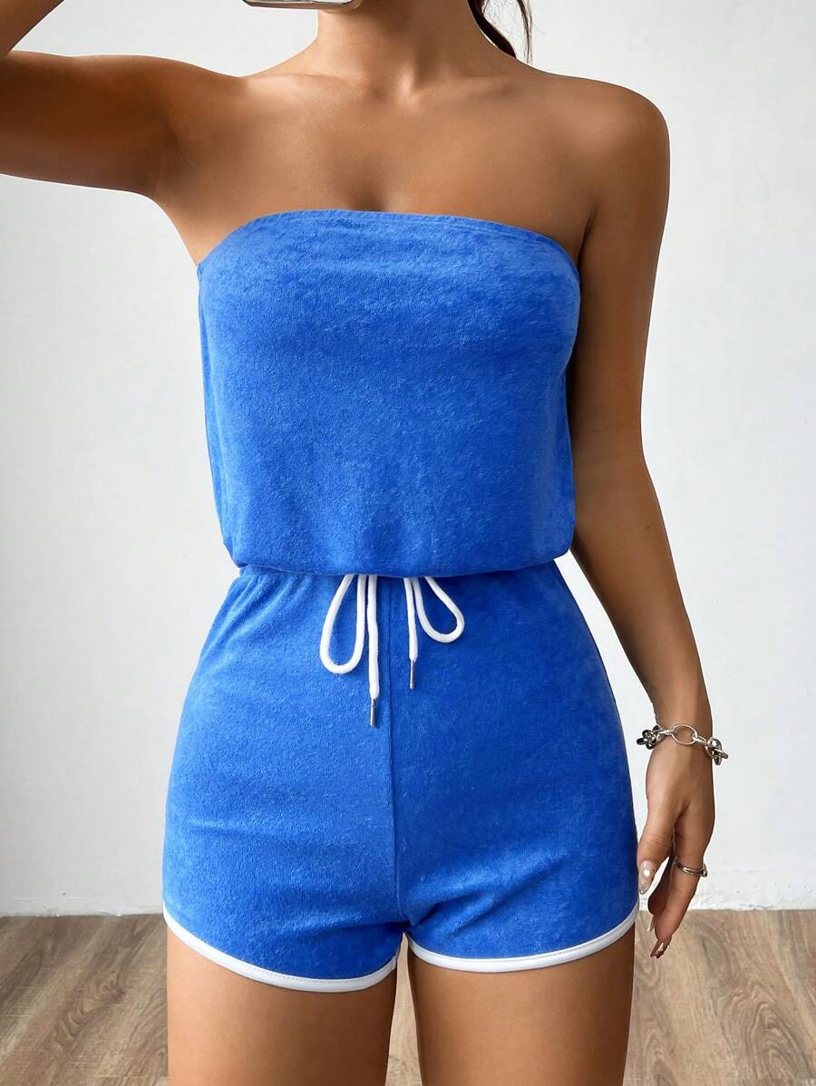 SHEIN Unity Sexy Solid Color Strapless Jumpsuit, Sleeveless, Summer - Blue - View 1