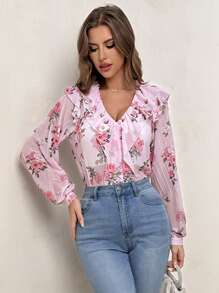 SHEIN Privé 女性夏季透視花卉印花雪紡襯衫，燈籠袖和荷葉邊設計，適用於日常穿著、沙灘、浪漫約會、婚禮儀式、音樂節 - 彩色 - 查看 6