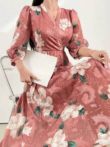 Modelyn 女士V領花卉印花交叉包裝簡約阿拉伯長裙 - 彩色 - 查看 1