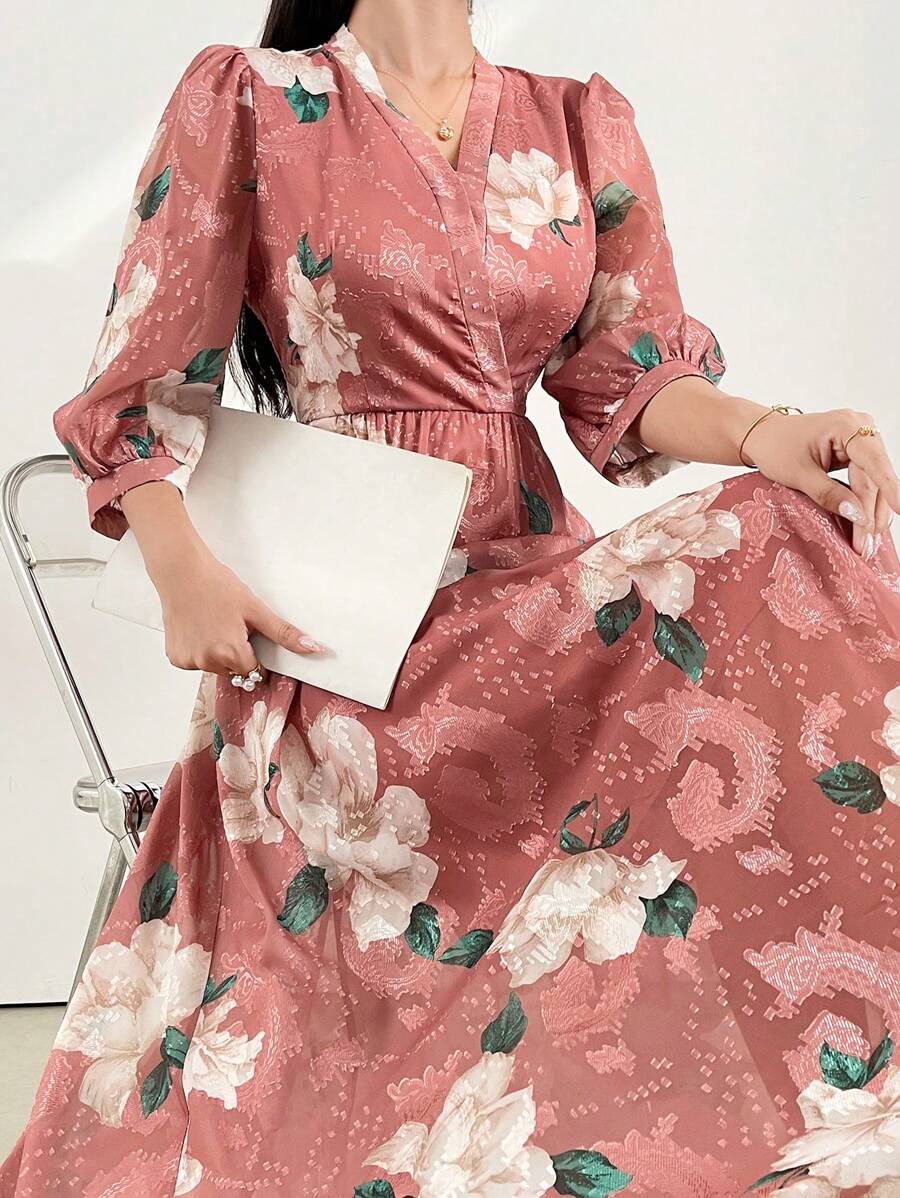 Modelyn 女士V領花卉印花交叉包裝簡約阿拉伯長裙 - 彩色 - 查看 1