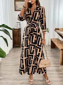 Calvaya Brown Graphic Printed 3/4 Sleeve Long Buttoned Dress,Ladies Casual Three Quarter Length Sleeve Collar Regular Fit Long Brown Regular Sleeve Graphic Shirt Women Long Dresses,Spring/Summer,Casual Daily Wear Maxi Women Outfit - Brown - View 4