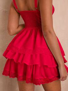 SHEIN BAE Đầm dự tiệc nhiều lớp mùa hè gợi cảm và ngọt ngào dành cho nữ với thiết kế ren và xếp nếp, dây đeo spaghetti - Đỏ - Xem 7